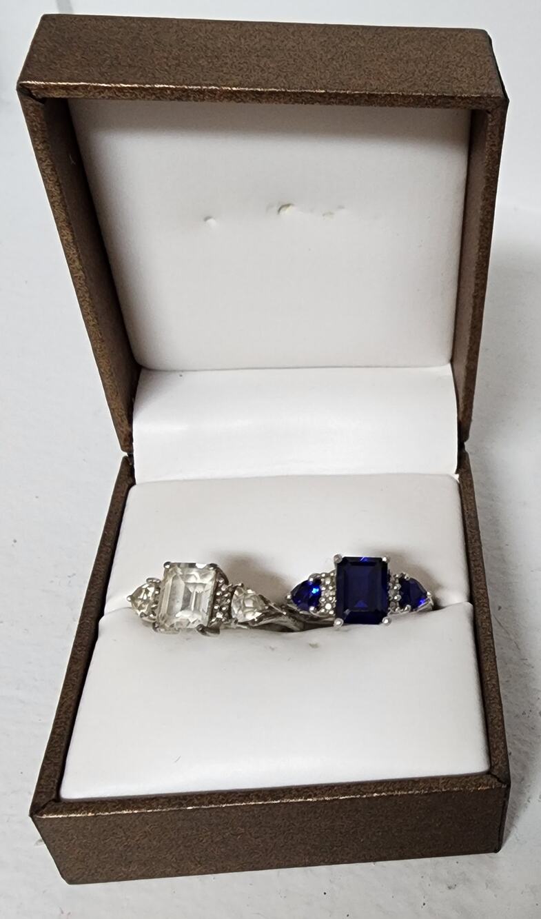 2 Vintage Sterling Silver Rings Size 7 w/ Diamonds & Gemstones + Gift Box